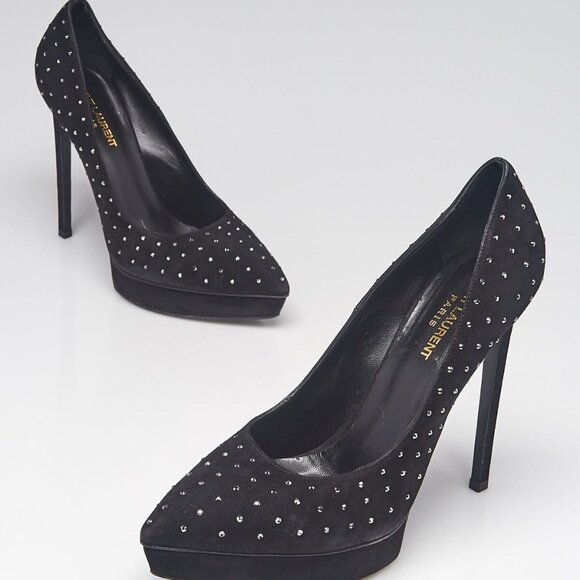 Yves Saint Laurent Black Suede Pointed Toe Crystal Studded Pumps Size 9/39.5 - Picture 1 of 4